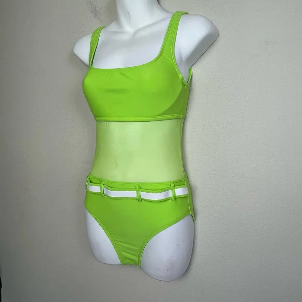 La Blanca by Rod Beattie Swimwear‎ Neon Green Mesh Middie Belt One Piece Size 8